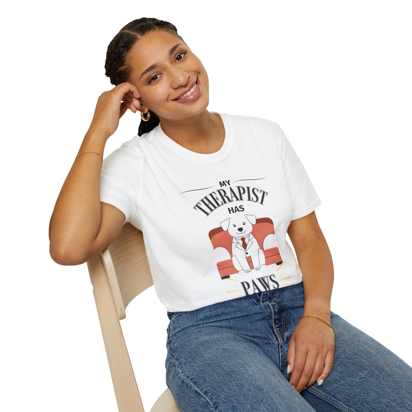 My Therapist Has Paws Unisex Softstyle T-Shirt - Fun Pet Lover Tee