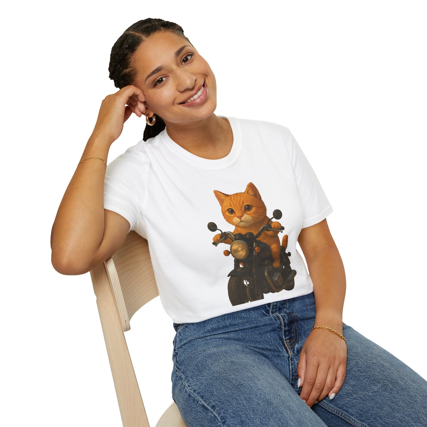Cat on Motorcycle Unisex Softstyle T-Shirt, Funny Cat Tee, Gift for Cat Lovers, Casual Wear, Unique Pet Owner Shirt