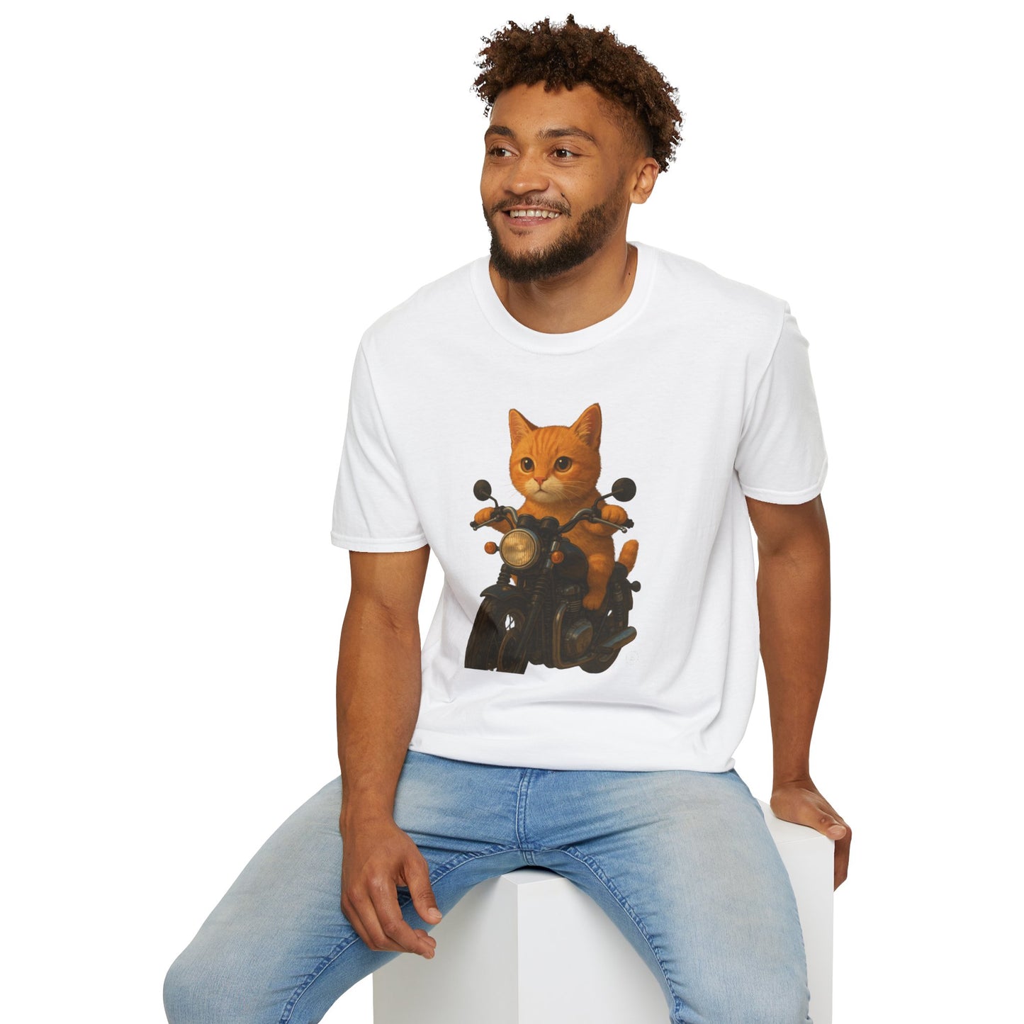 Cat on Motorcycle Unisex Softstyle T-Shirt, Funny Cat Tee, Gift for Cat Lovers, Casual Wear, Unique Pet Owner Shirt