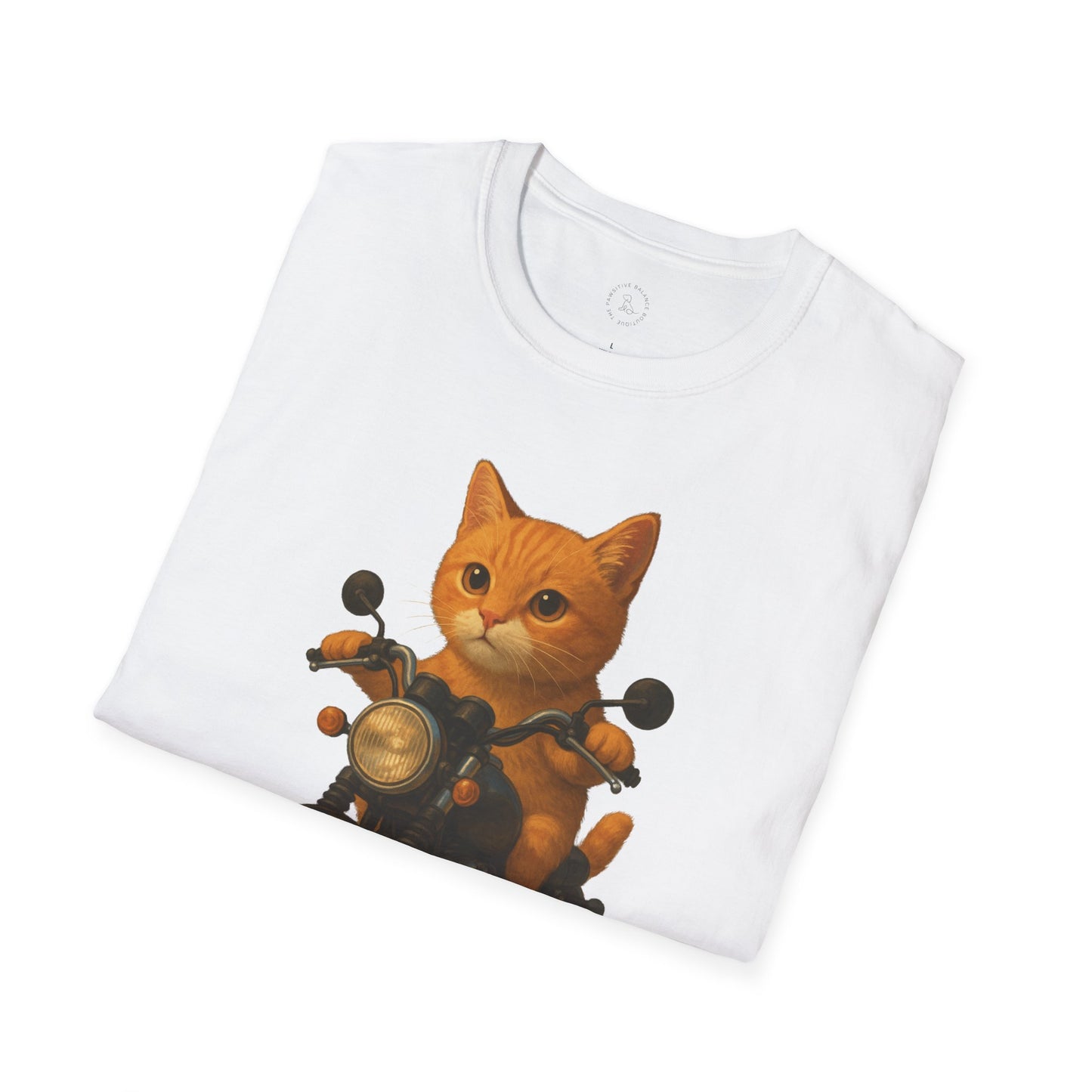 Cat on Motorcycle Unisex Softstyle T-Shirt, Funny Cat Tee, Gift for Cat Lovers, Casual Wear, Unique Pet Owner Shirt