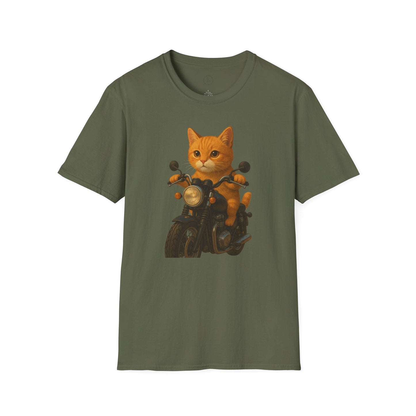 Cat on Motorcycle Unisex Softstyle T-Shirt, Funny Cat Tee, Gift for Cat Lovers, Casual Wear, Unique Pet Owner Shirt