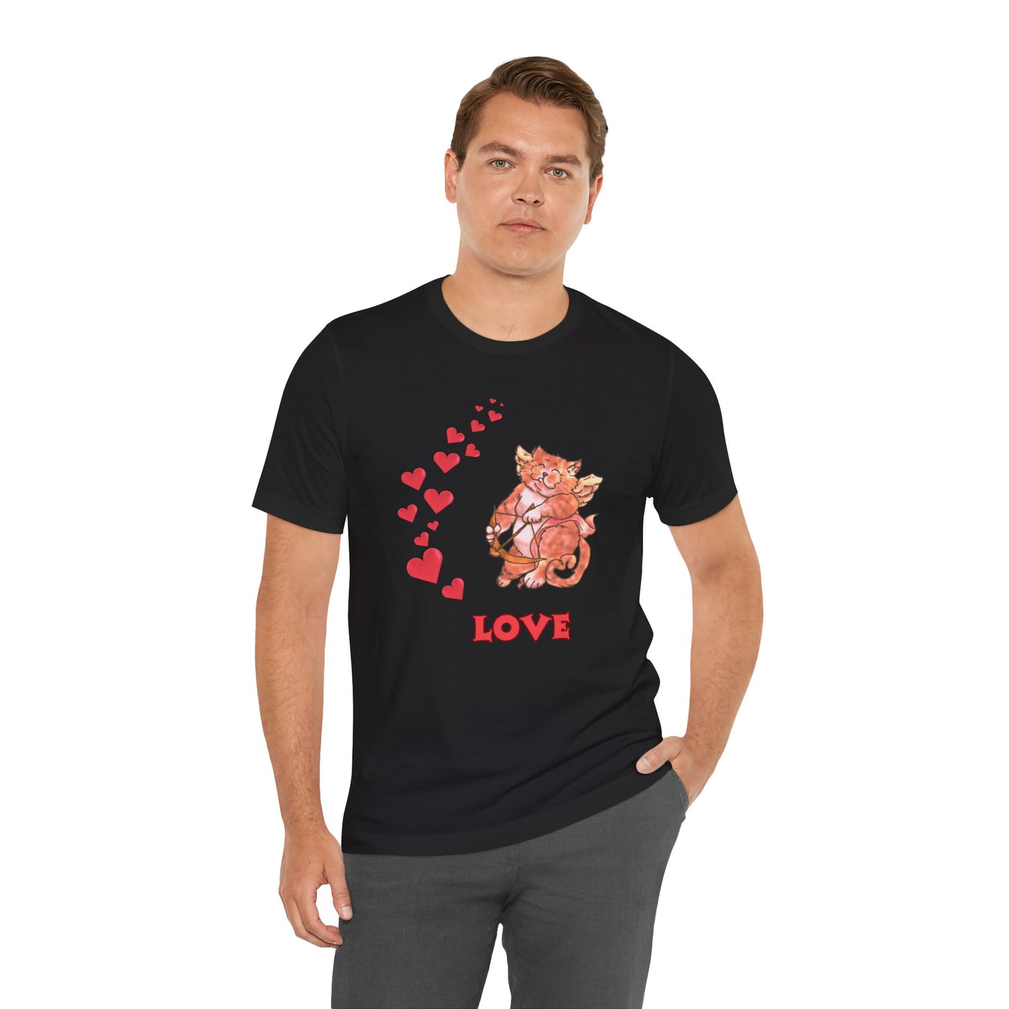 Cute Love Cat Short Sleeve Tee, Valentine's Day Gift, Casual T-Shirt, Trendy Outfits, Fun Graphic Shirt, Unisex Apparel