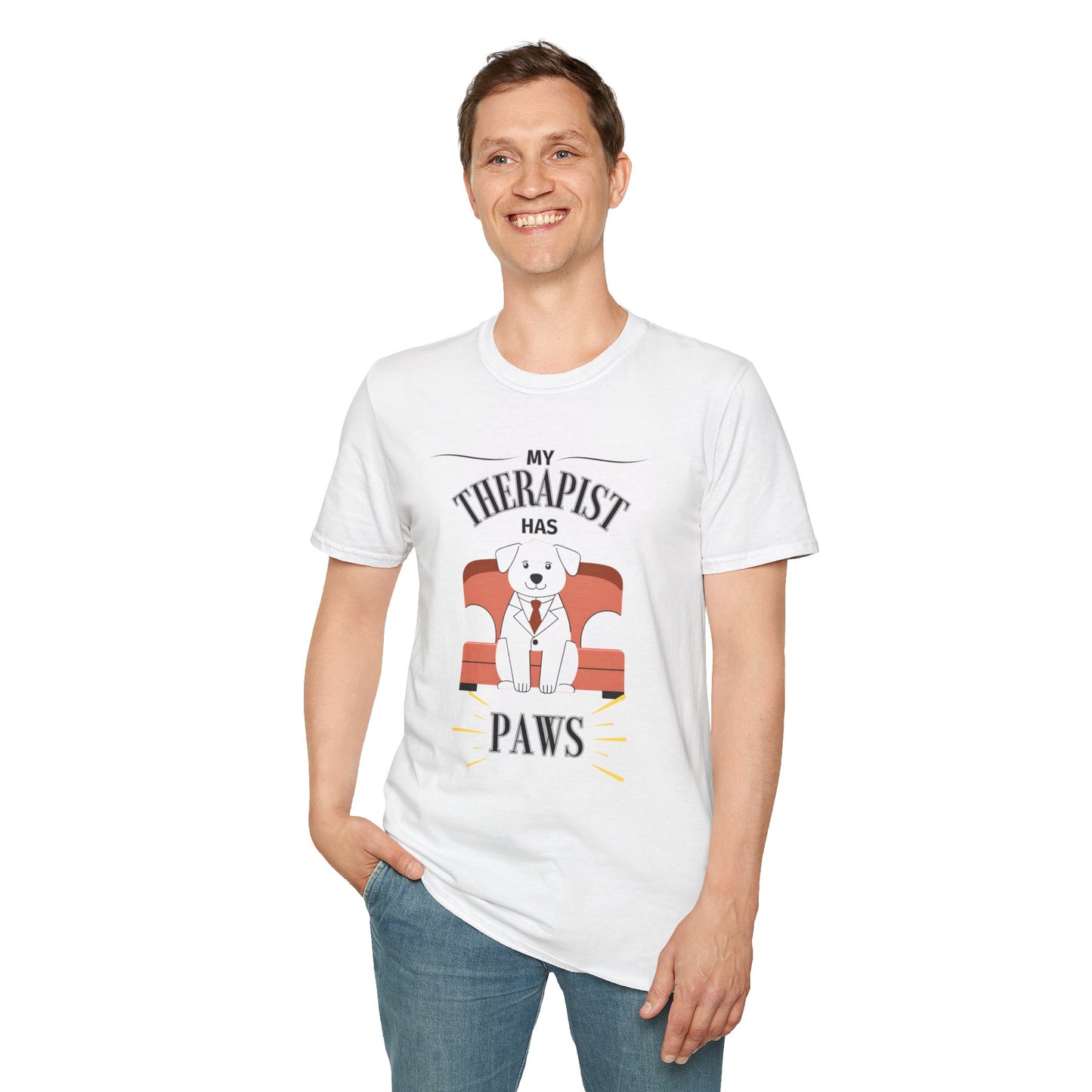 My Therapist Has Paws Unisex Softstyle T-Shirt - Fun Pet Lover Tee