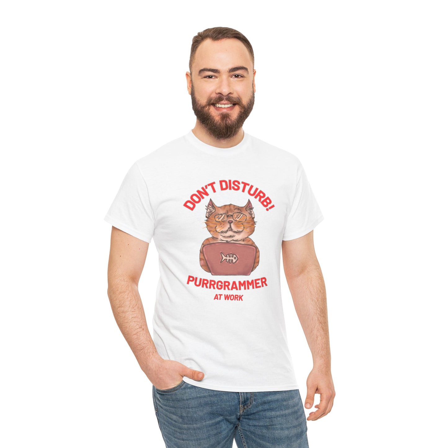 Funny Cat Purrgrammer Tee - Unisex Heavy Cotton T-Shirt, Perfect for Cat Lovers at Work