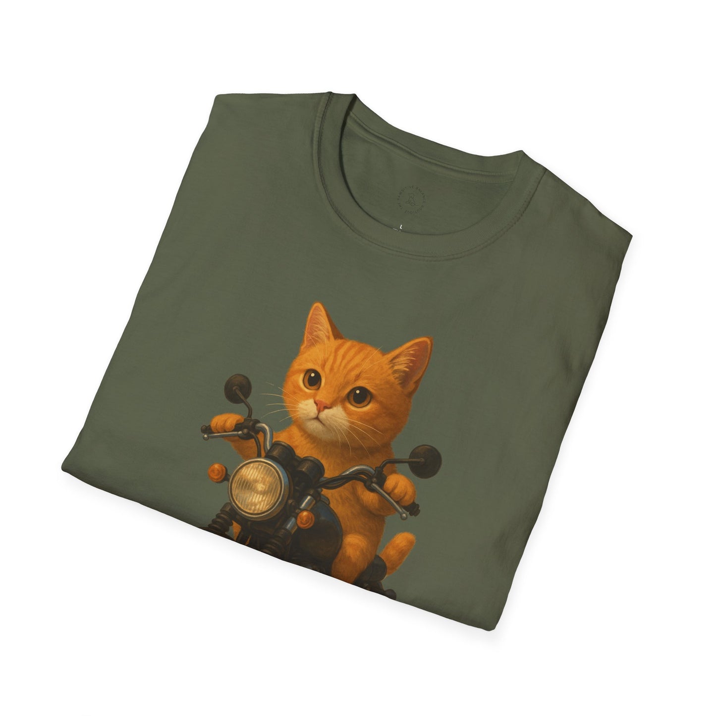 Cat on Motorcycle Unisex Softstyle T-Shirt, Funny Cat Tee, Gift for Cat Lovers, Casual Wear, Unique Pet Owner Shirt
