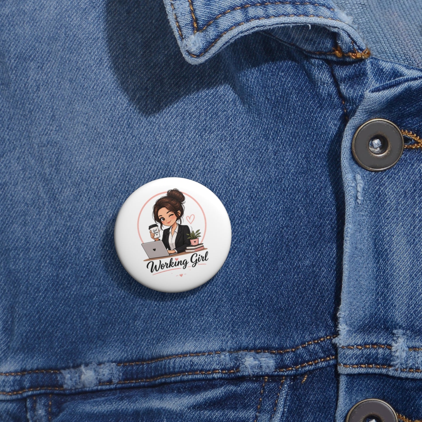 Working Girl Pin Button — Cute Office Girl Enamel-Style Button Badge