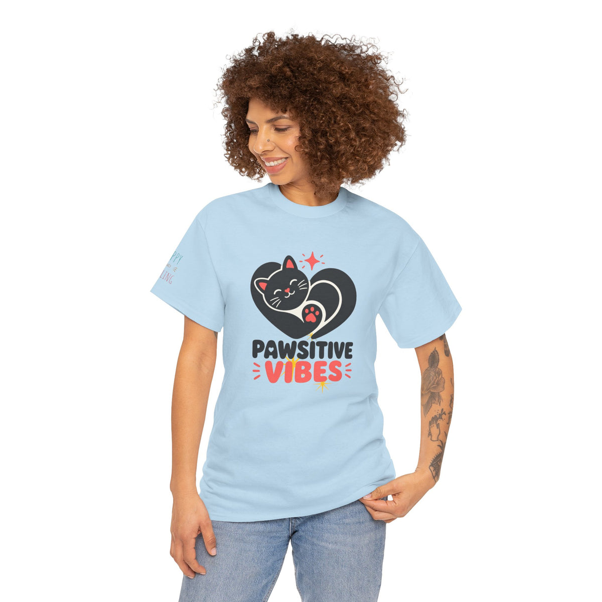 Pawsitive Vibes T-Shirt — Cute Black Cat Heart Graphic Tee