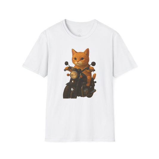 Cat on Motorcycle Unisex Softstyle T-Shirt, Funny Cat Tee, Gift for Cat Lovers, Casual Wear, Unique Pet Owner Shirt