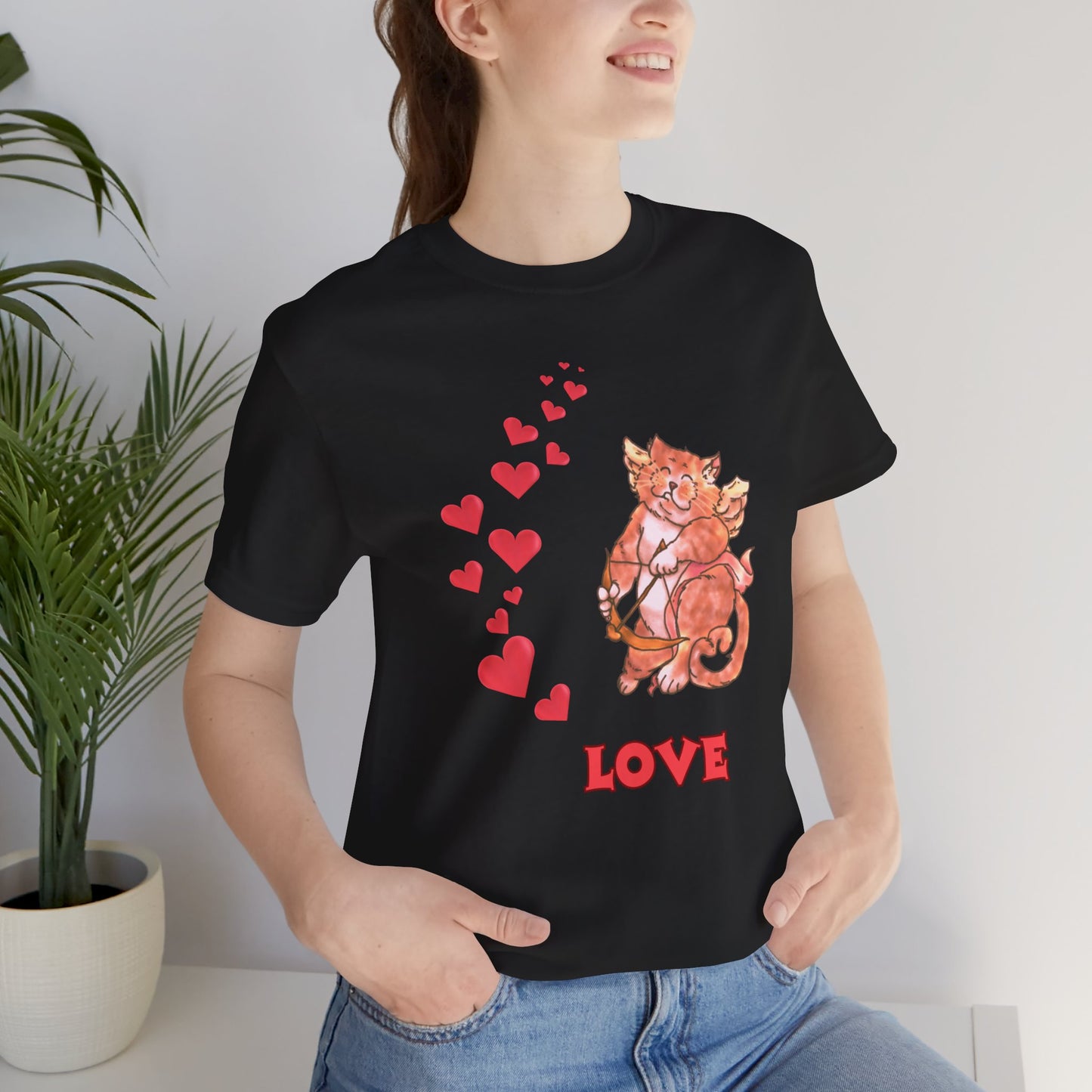 Cute Love Cat Short Sleeve Tee, Valentine's Day Gift, Casual T-Shirt, Trendy Outfits, Fun Graphic Shirt, Unisex Apparel
