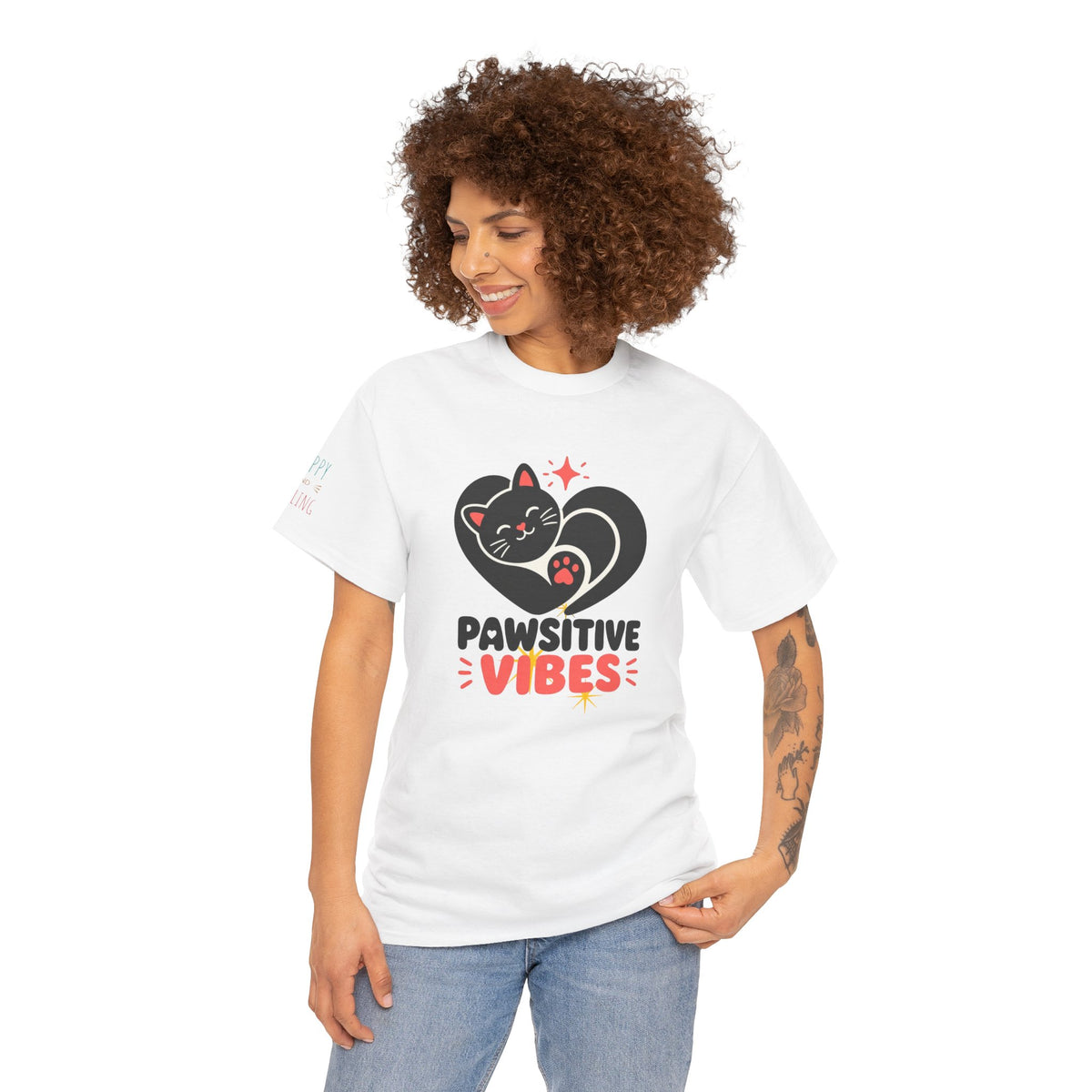 Pawsitive Vibes T-Shirt — Cute Black Cat Heart Graphic Tee