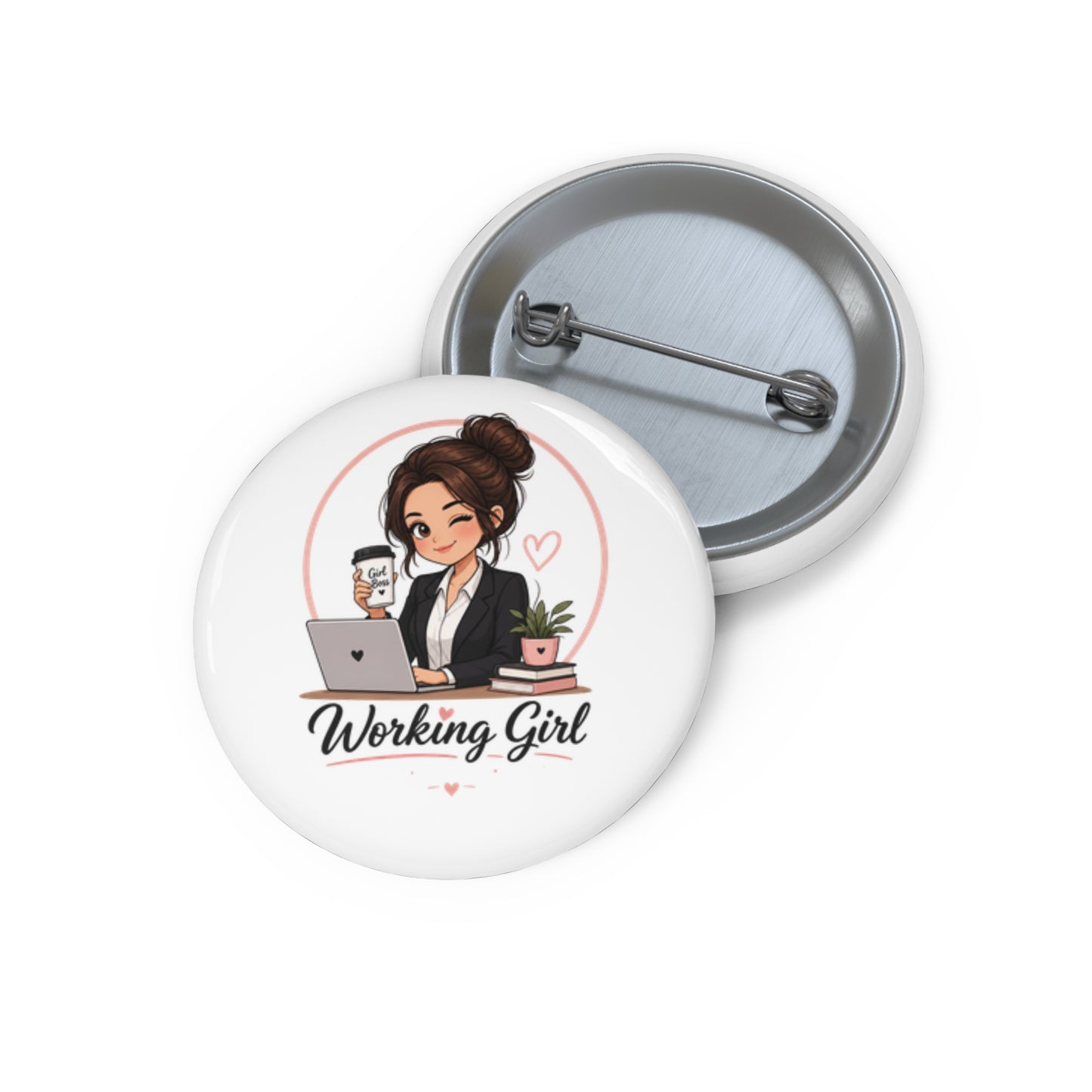 Working Girl Pin Button — Cute Office Girl Enamel-Style Button Badge