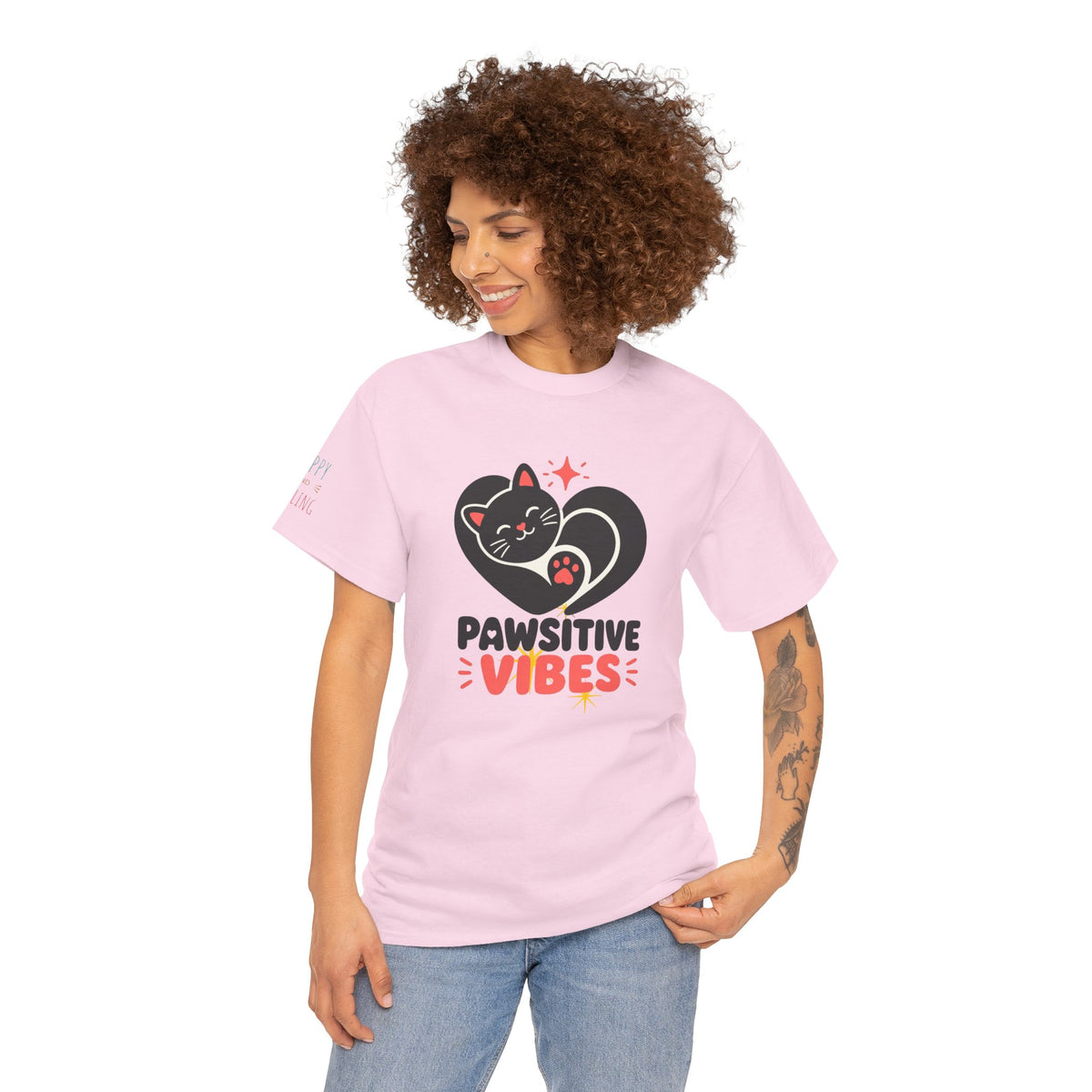 Pawsitive Vibes T-Shirt — Cute Black Cat Heart Graphic Tee